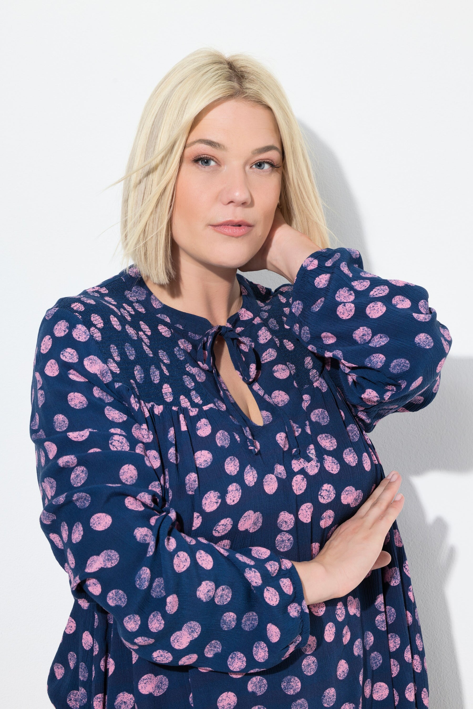 Ulla Popken Smocked Polka Dot Blouse in Navy