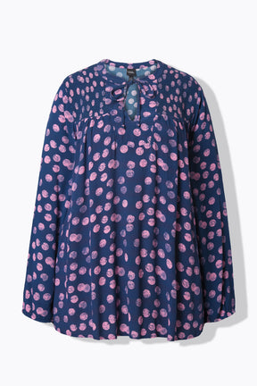 Ulla Popken Smocked Polka Dot Blouse in Navy