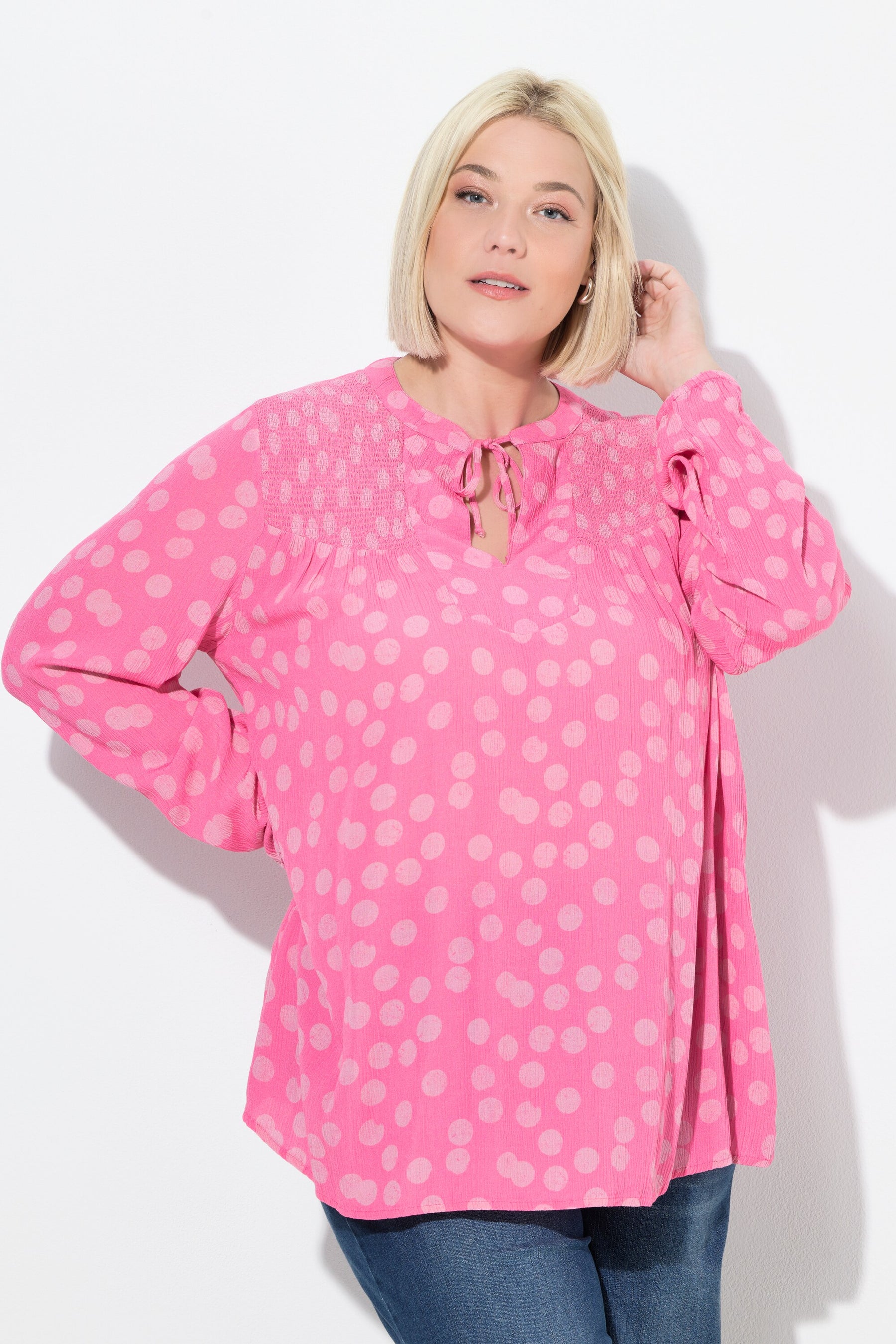 Ulla Popken Smocked Polka Dot Blouse in Pink