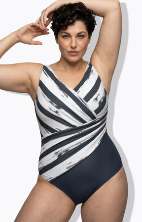 Ulla Popken Stripe Swimsuit in Navy 