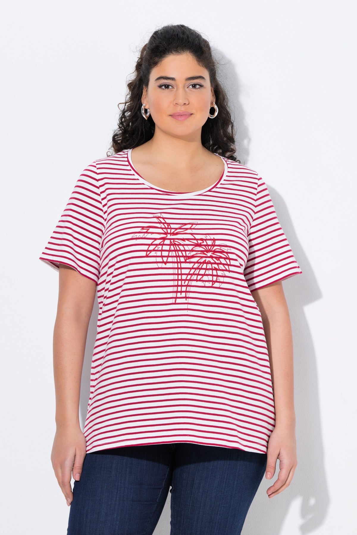 Ulla Popken Striped Palm T-Shirt in Red