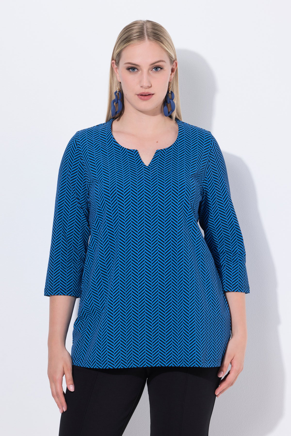 Ulla Popken T-Shirt in Blue Herringbone