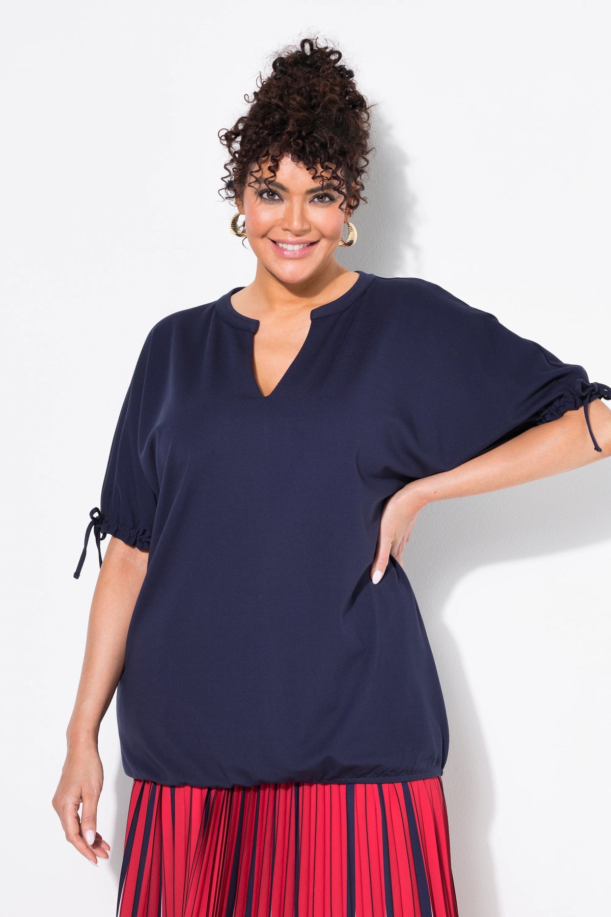 Ulla Popken Tie Sleeve Top in Navy