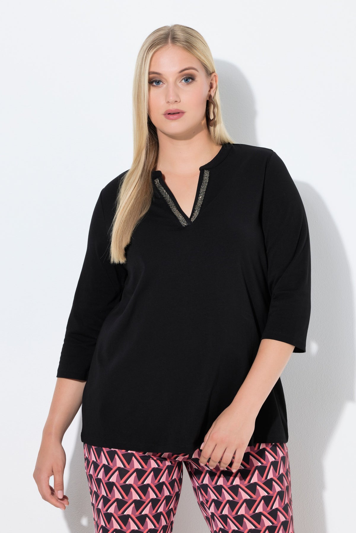 Ulla Popken Top with Beaded Neckline in Black