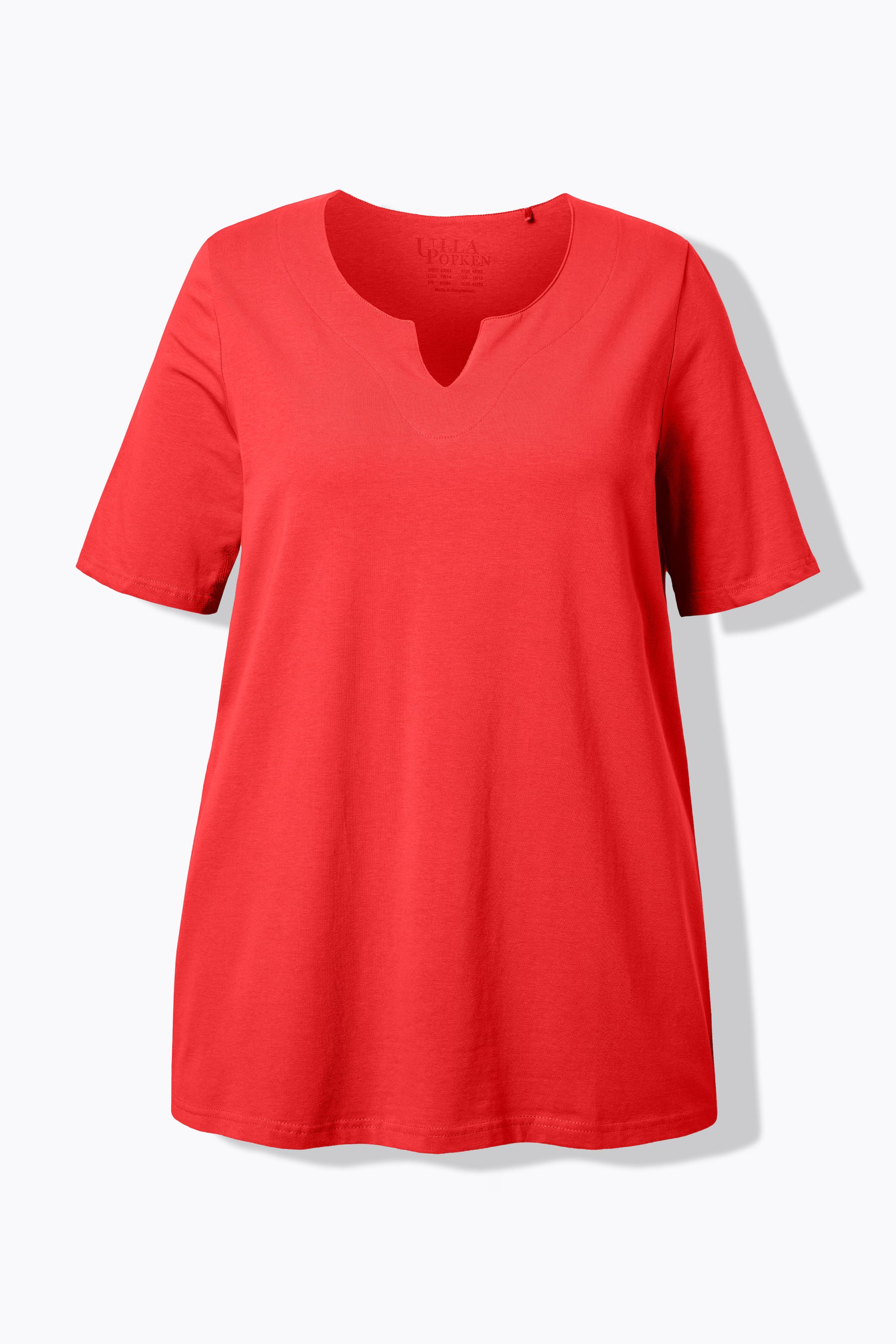 Product image of the Ulla Popken Tunic Neck T-Shirt in Red, An A-line shape T-shirt with a tunic neckline and short sleeves 