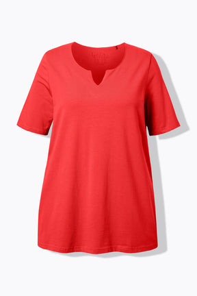 Product image of the Ulla Popken Tunic Neck T-Shirt in Red, An A-line shape T-shirt with a tunic neckline and short sleeves 
