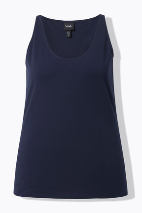 Close up of the Ulla Popken Vest Top in Navy, a navy blue sleeveless top with a round neckline and close fit
