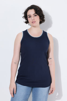 Ulla Popken Vest Top in Navy with Trim 