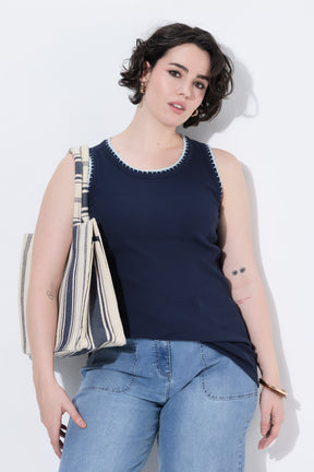 Ulla Popken Vest Top in Navy with Trim 