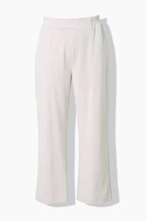 Product image of  the Ulla Popken Wide Leg Trouser in Beige, showing the elasticated waistband, side pockets and piping down the front 