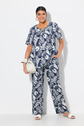 Ulla Popken Wide Leg Trousers in Navy Leaf