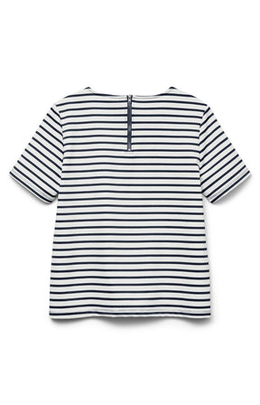 Back view of a black and white striped shirt on a white background