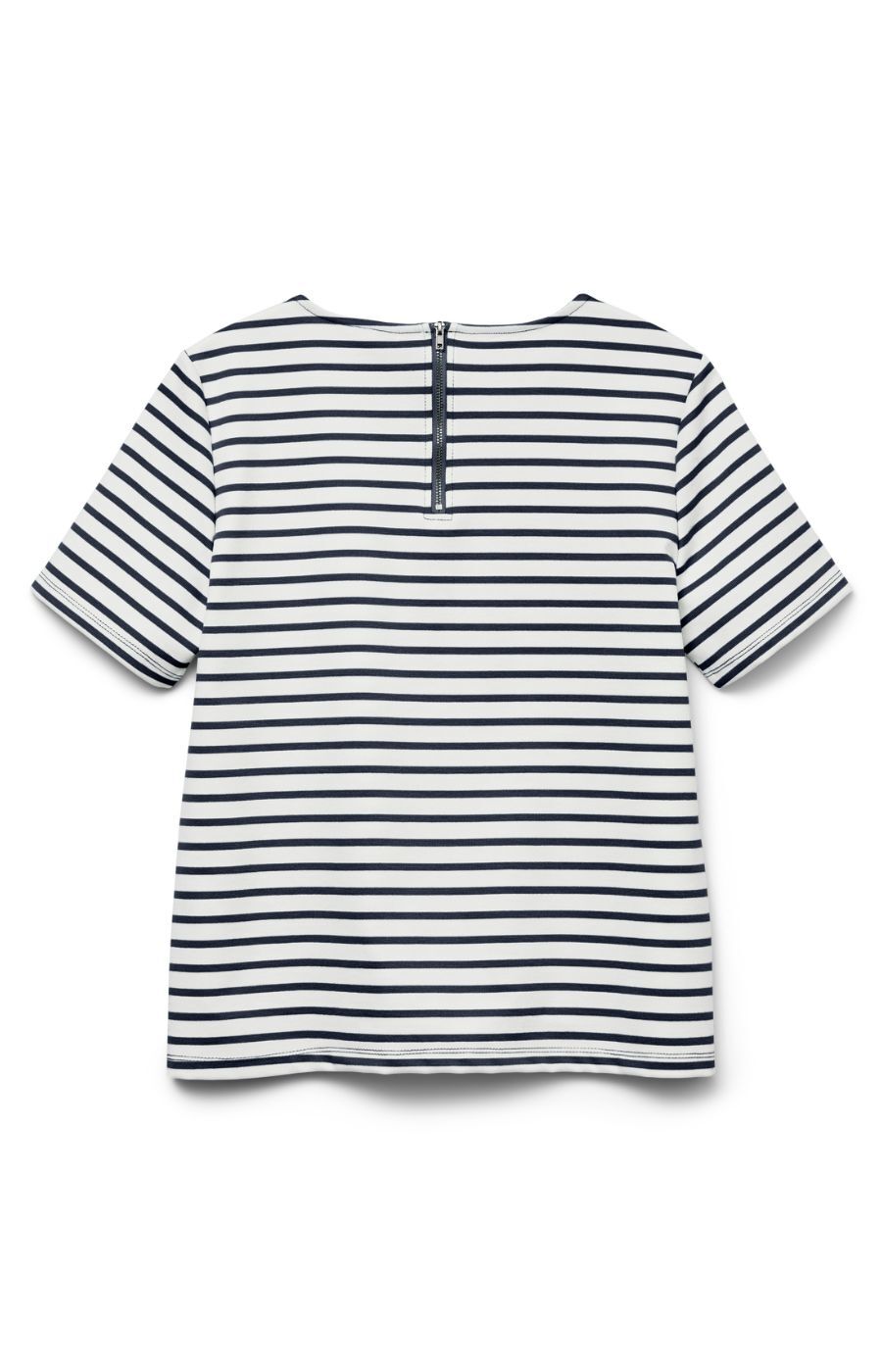 Back view of a black and white striped shirt on a white background