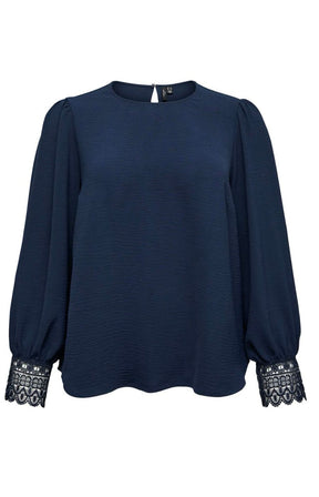 Navy blue blouse with lace cuffs on a white background