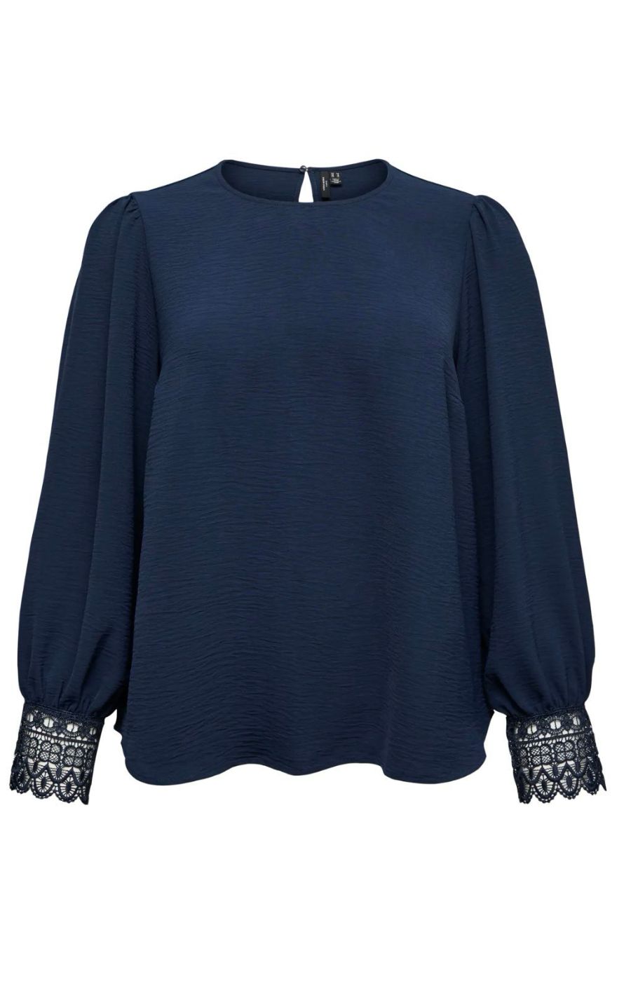 Navy blue blouse with lace cuffs on a white background