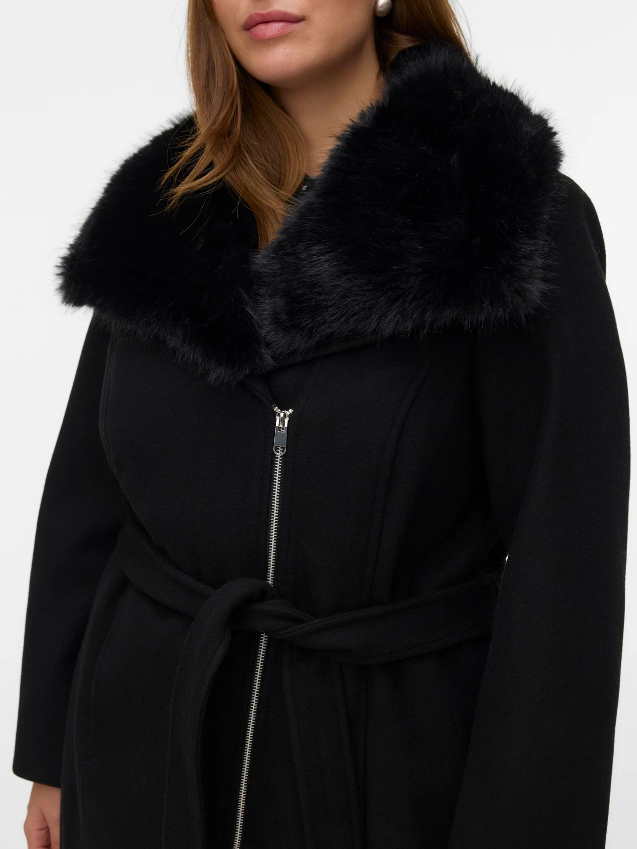 Black coat with fur collar on a white background