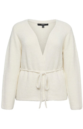 The Vero Moda Curve Cora Cardigan in Cream, a cream, textured knit cardigan with a deep V-neckline, long sleeves, and a matching drawstring tie at the waist, shown against a plain white background.