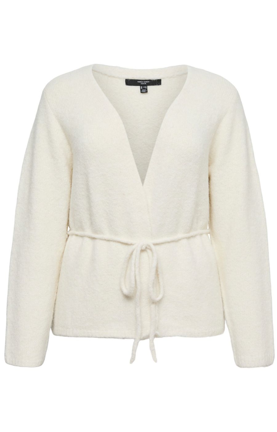 The Vero Moda Curve Cora Cardigan in Cream, a cream, textured knit cardigan with a deep V-neckline, long sleeves, and a matching drawstring tie at the waist, shown against a plain white background.
