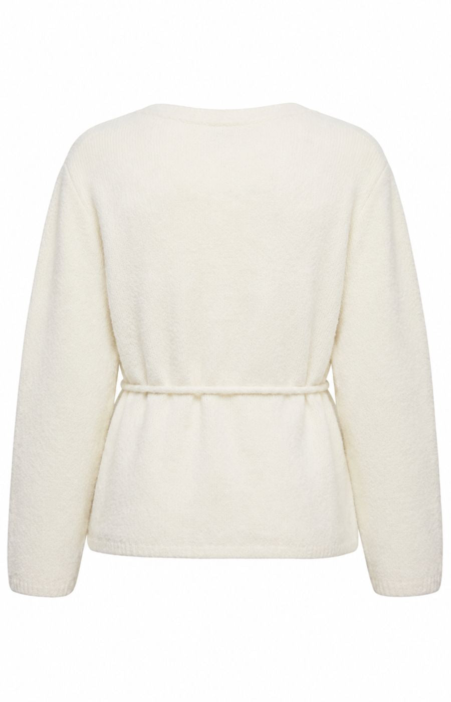 The Vero Moda Curve Cora Cardigan in Cream, A cream, long-sleeve knit cardigan with a tie waist detail, shown from the back on a plain white background. This image was created using AI.
