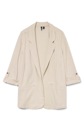 Beige blazer with collar and lapels and 3/4 length sleeves on a white background