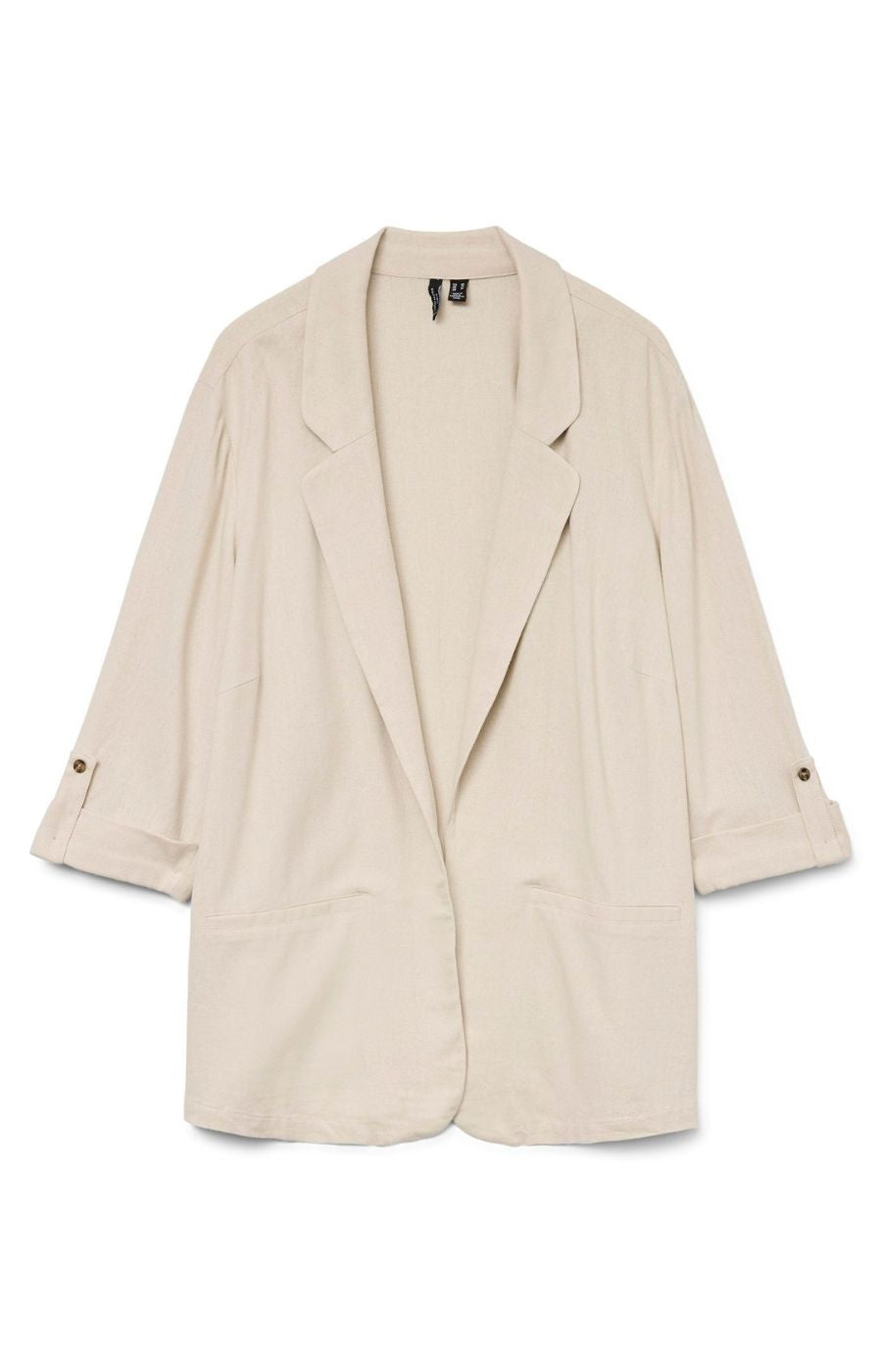 Beige blazer with collar and lapels and 3/4 length sleeves on a white background