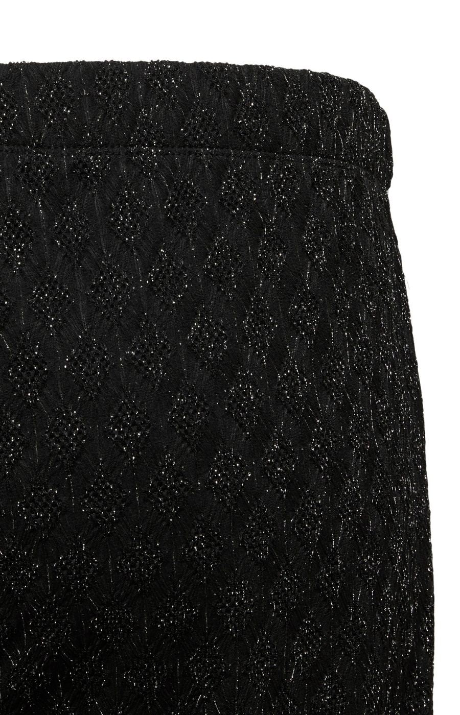 Close-up of the Vero Moda Curve Kali Trousers in Black, a black textured fabric with a subtle diamond pattern and fine shimmering threads, shown against a white background.