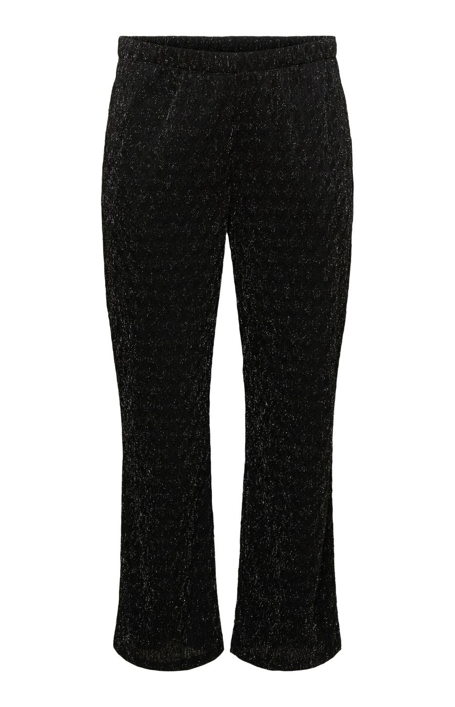 The Vero Moda Curve Kali Trousers in Black, Black textured knit cropped pants with a subtle glittery or sparkly sheen, shown against a plain white background.