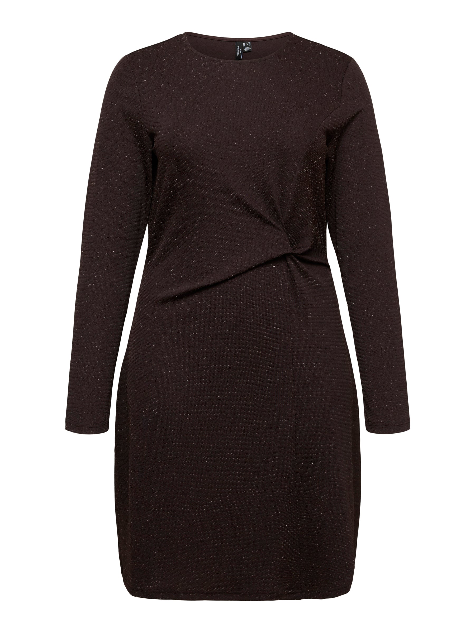 The Vero Moda Curve Kanva Dress in Chocolate, dark brown long-sleeve knit dress with a twisted waist detail, shown on a plain white background.