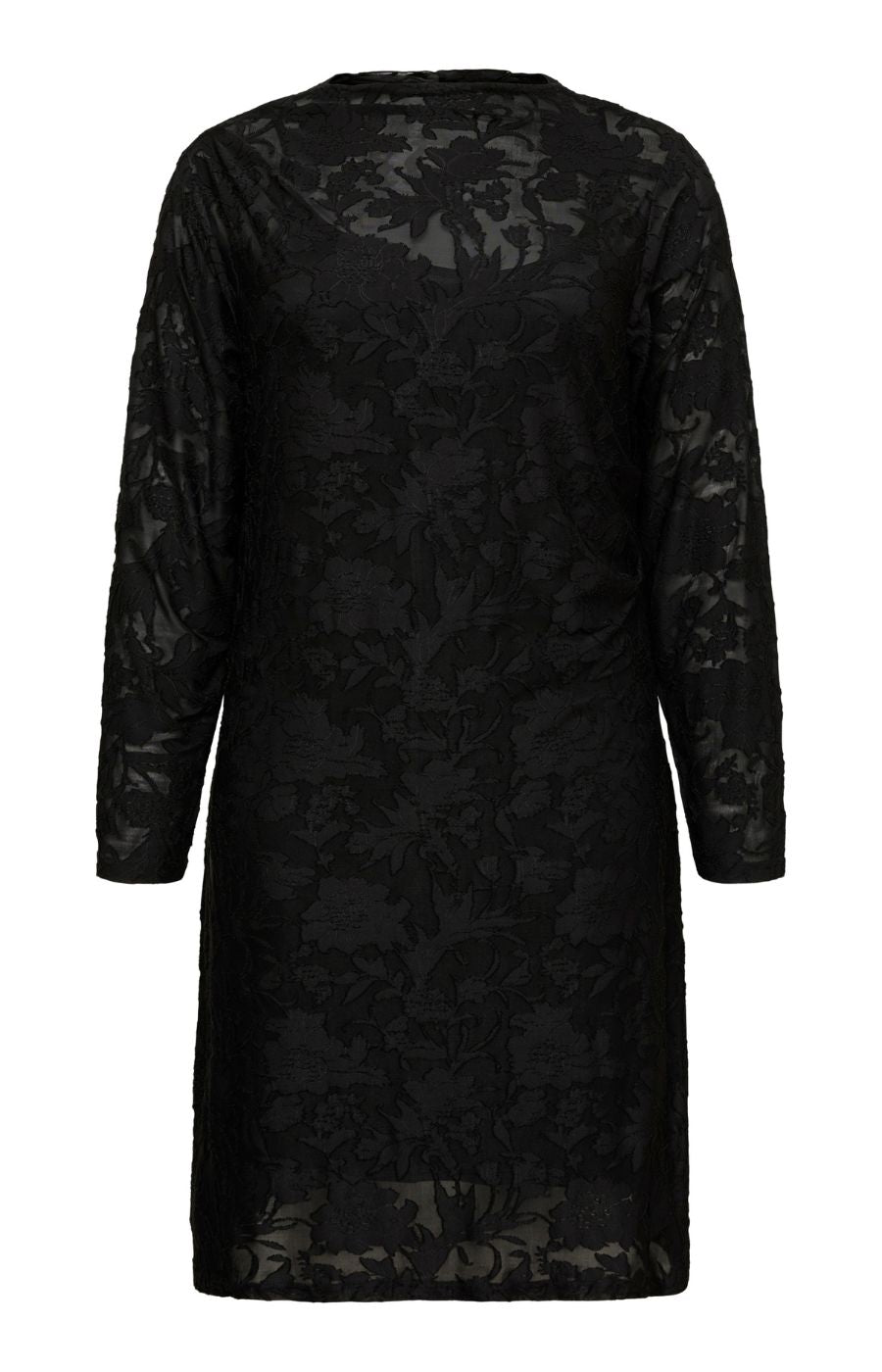 Model wearing the Vero Moda Curve Layla Dress in Black, a knee length black lace dress with a boat neckline and long sleeves. This image was created using AI