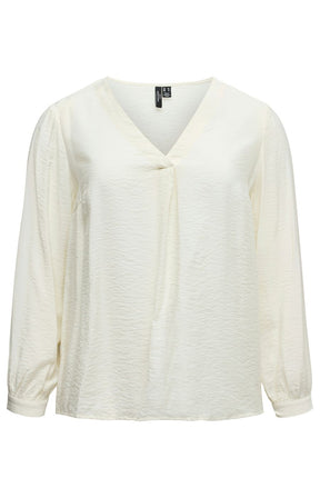 White blouse with a V neckline, inverted pleat and long, cuffed sleeves on a white background