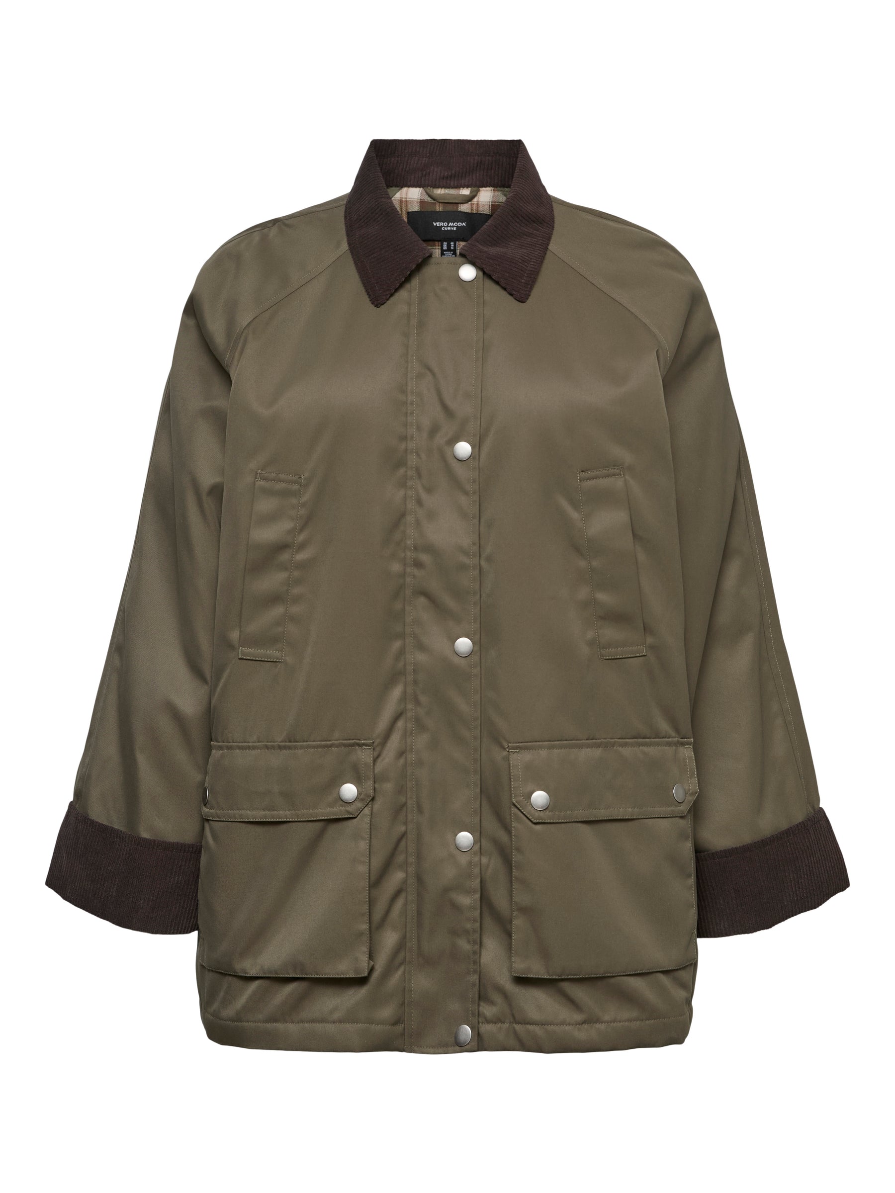 The Vero Moda Curve Wales Jacket in Grape Leaf, an olive green waxed cotton jacket with dark brown corduroy collar, cuffs, and pocket flaps, featuring silver snap buttons, shown against a plain white background.