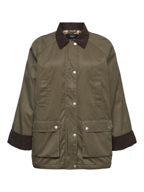 The Vero Moda Curve Wales Jacket in Grape Leaf, an olive green waxed cotton jacket with dark brown corduroy collar, cuffs, and pocket flaps, featuring silver snap buttons, shown against a plain white background.
