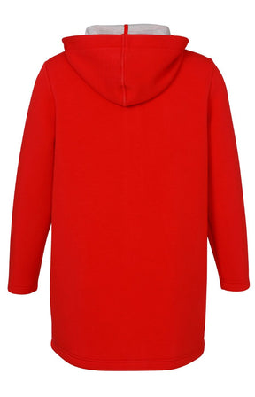 Red longline jacket, long sleeves, button closure, hood with drawstrings, pockets 