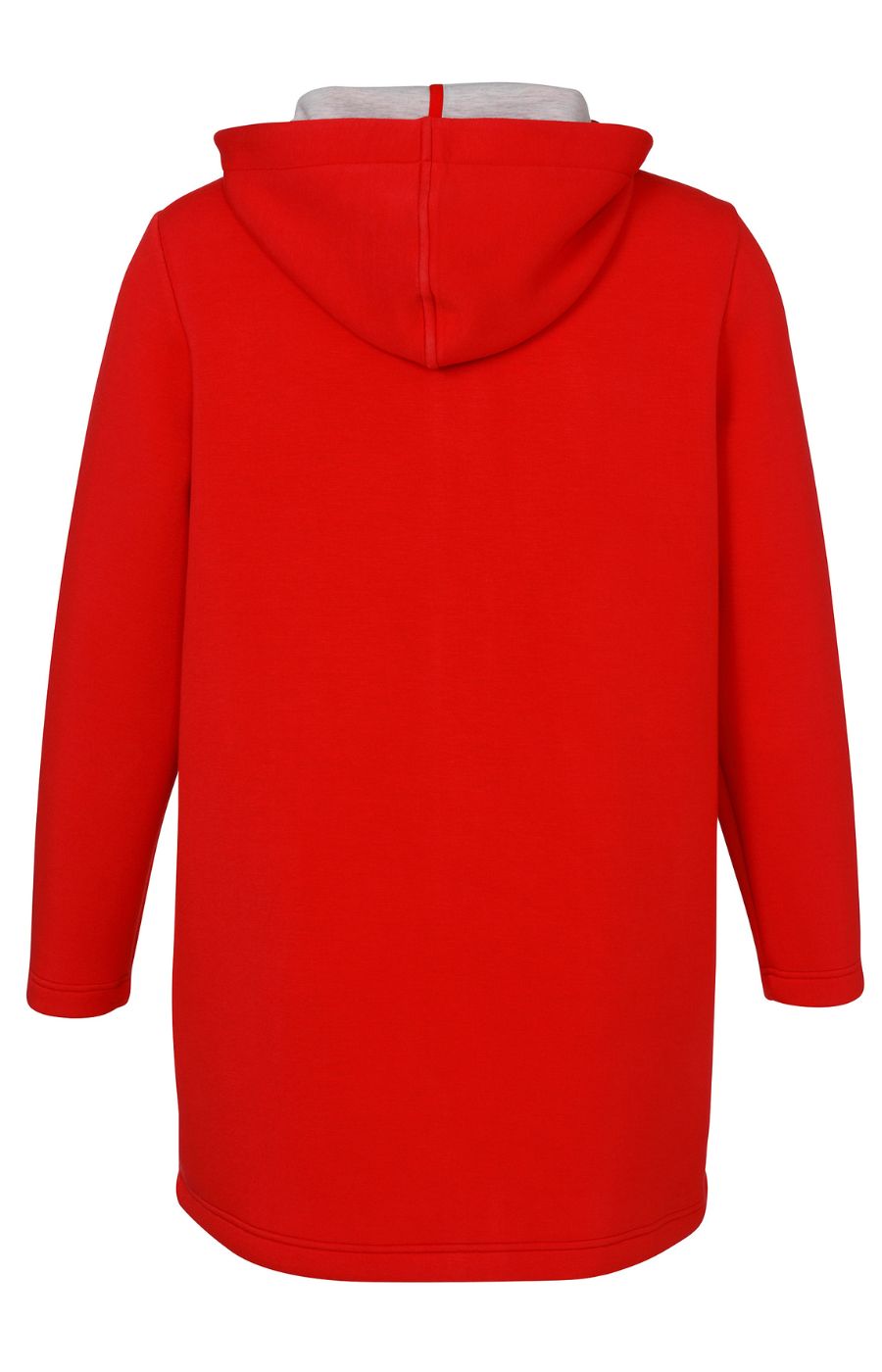Red longline jacket, long sleeves, button closure, hood with drawstrings, pockets 