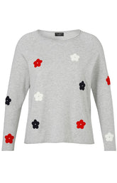 Grey fine knit Jumper, Long sleeves, Round neckline, Floral detailing in red, white and navy 