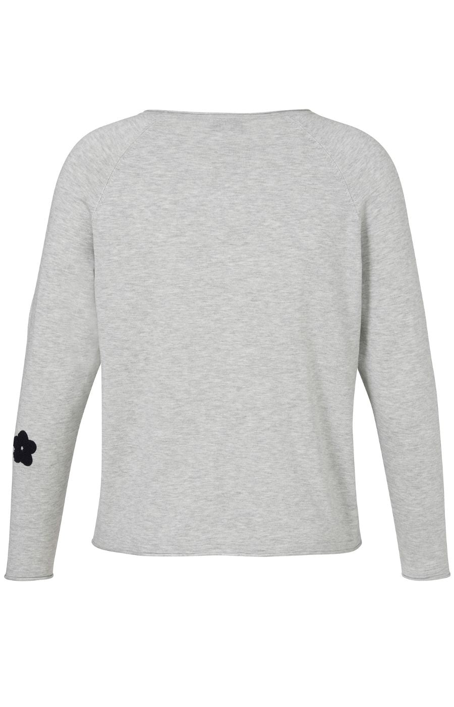 Grey fine knit Jumper, Long sleeves, Round neckline, Floral detailing in red, white and navy 