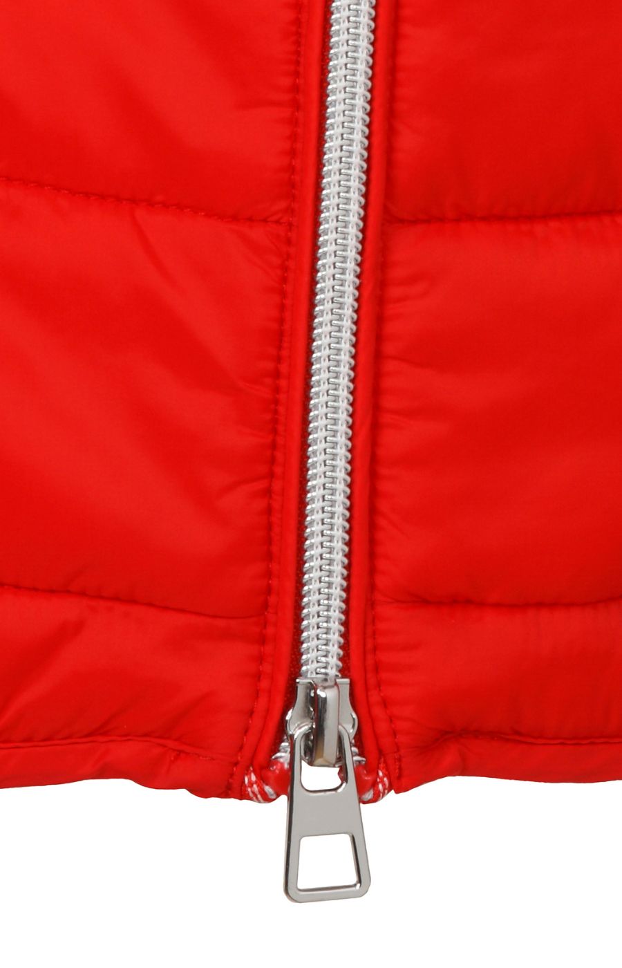 Close-up of a red puffer Via appia due gilet with a silver zipper on a white background