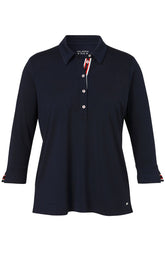 Navy polo shirt, 3/4 length sleeves, V neckline with shirt collar, short button placket