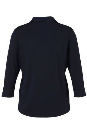 Navy polo shirt, 3/4 length sleeves, V neckline with shirt collar, short button placket
