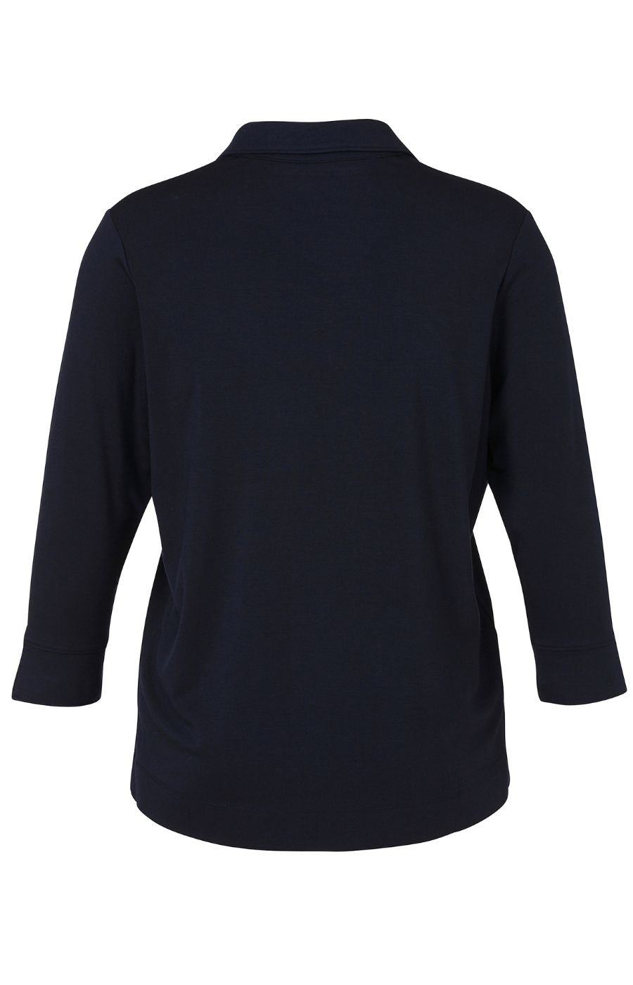 Navy polo shirt, 3/4 length sleeves, V neckline with shirt collar, short button placket