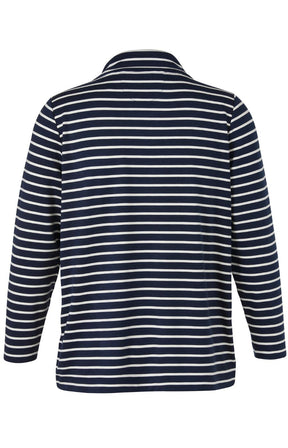 Navy and white striped sweater on a white background