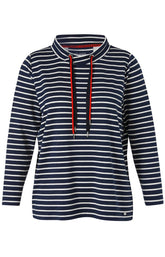 Navy and white striped sweater with long sleeves and a cowl neckline