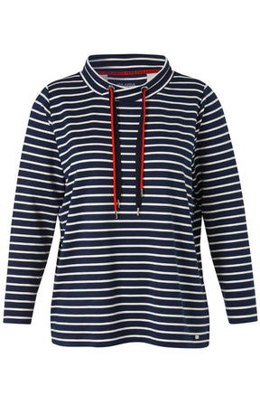 Navy and white striped sweater with long sleeves and a cowl neckline