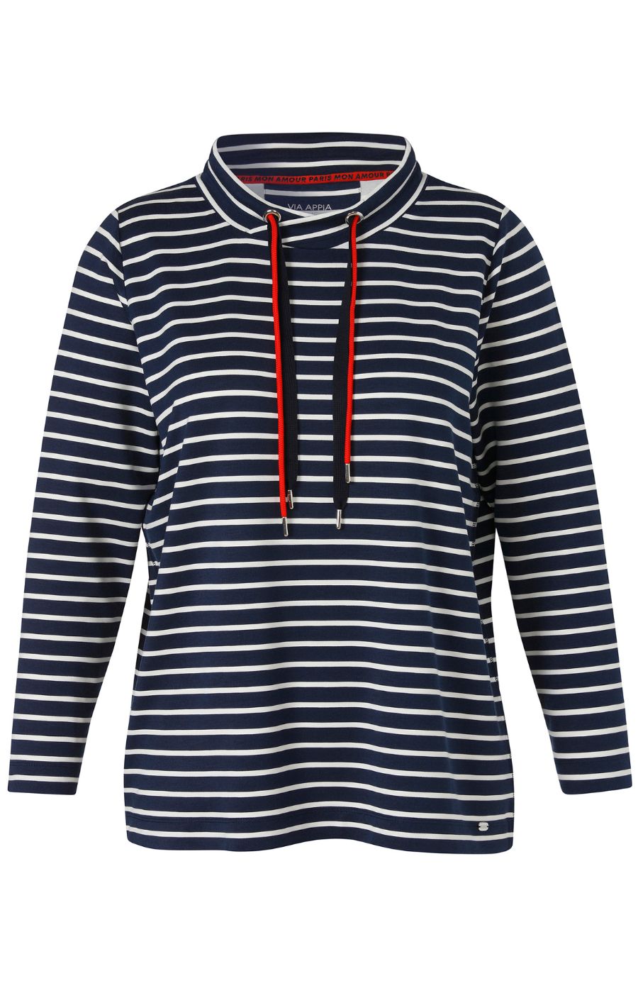 Navy and white striped sweater with long sleeves and a cowl neckline