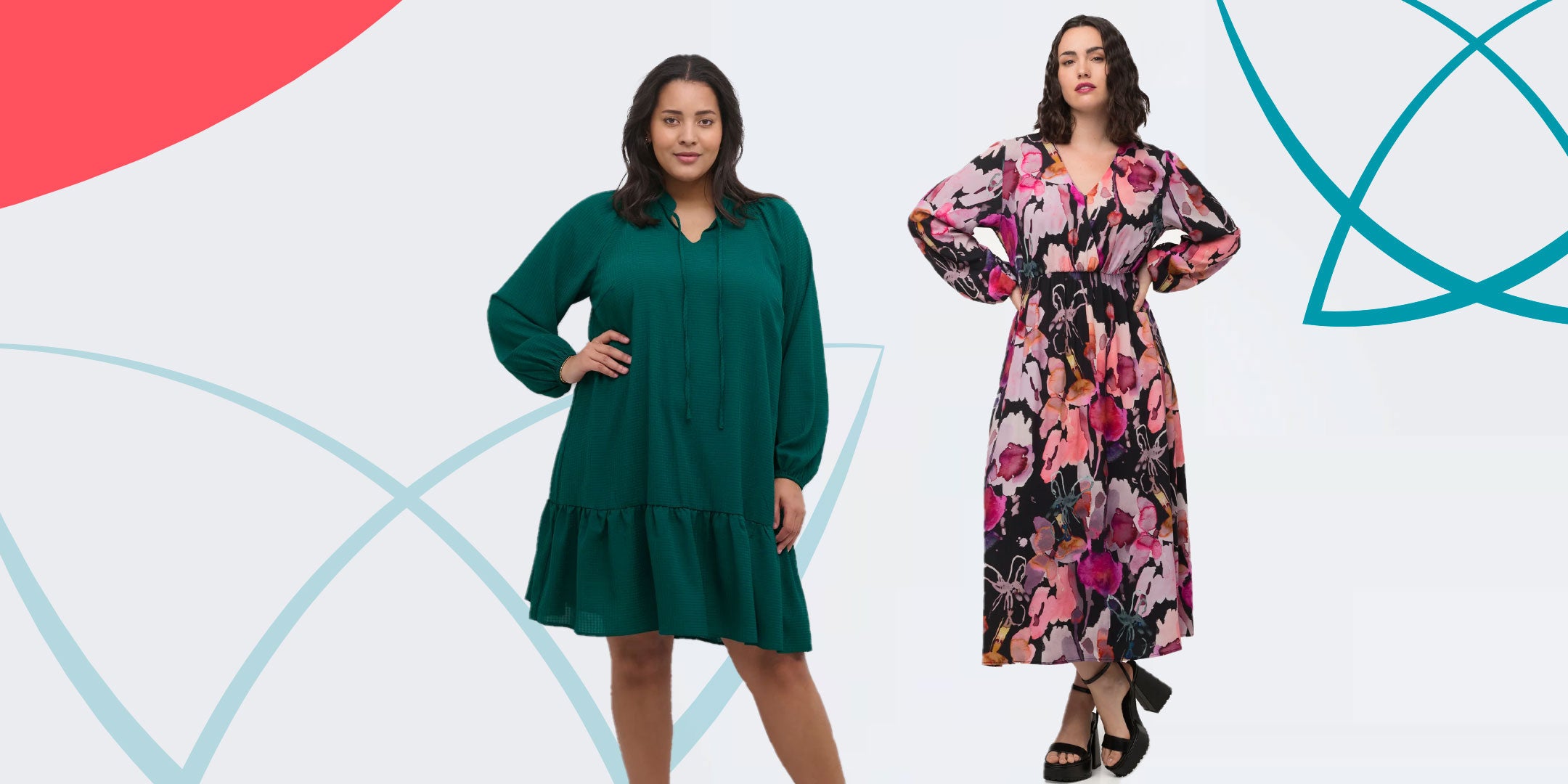 Two women standing. One is wearing a Kaffe Curve Dory dress in green and the other one is wearing an Ulla Popken faux wrap dress in watercolour print