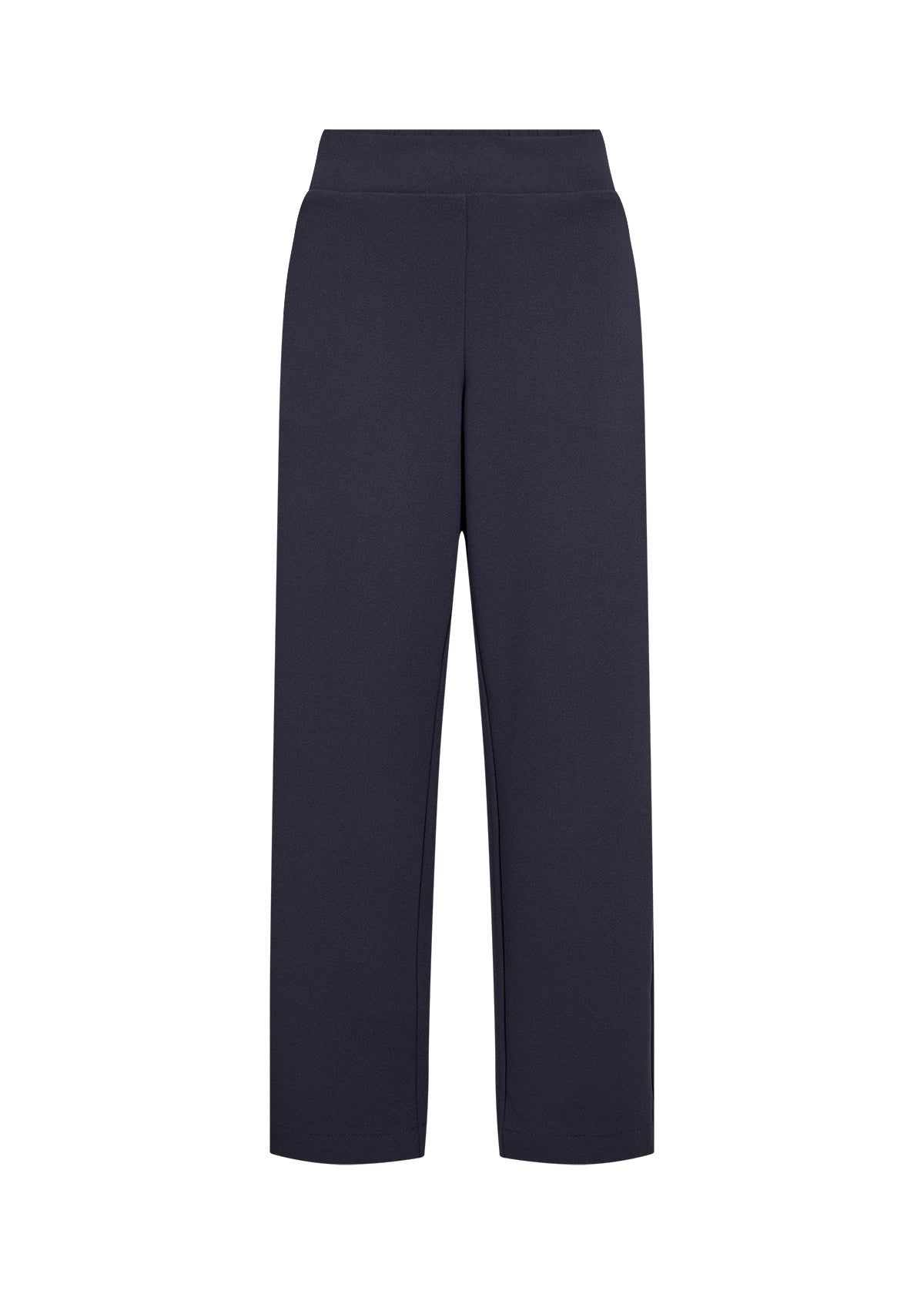 Person wearing the Wasabi Kufa Trousers in Navy, a navy wide-leg  trousers and a striped shirt on a white background 