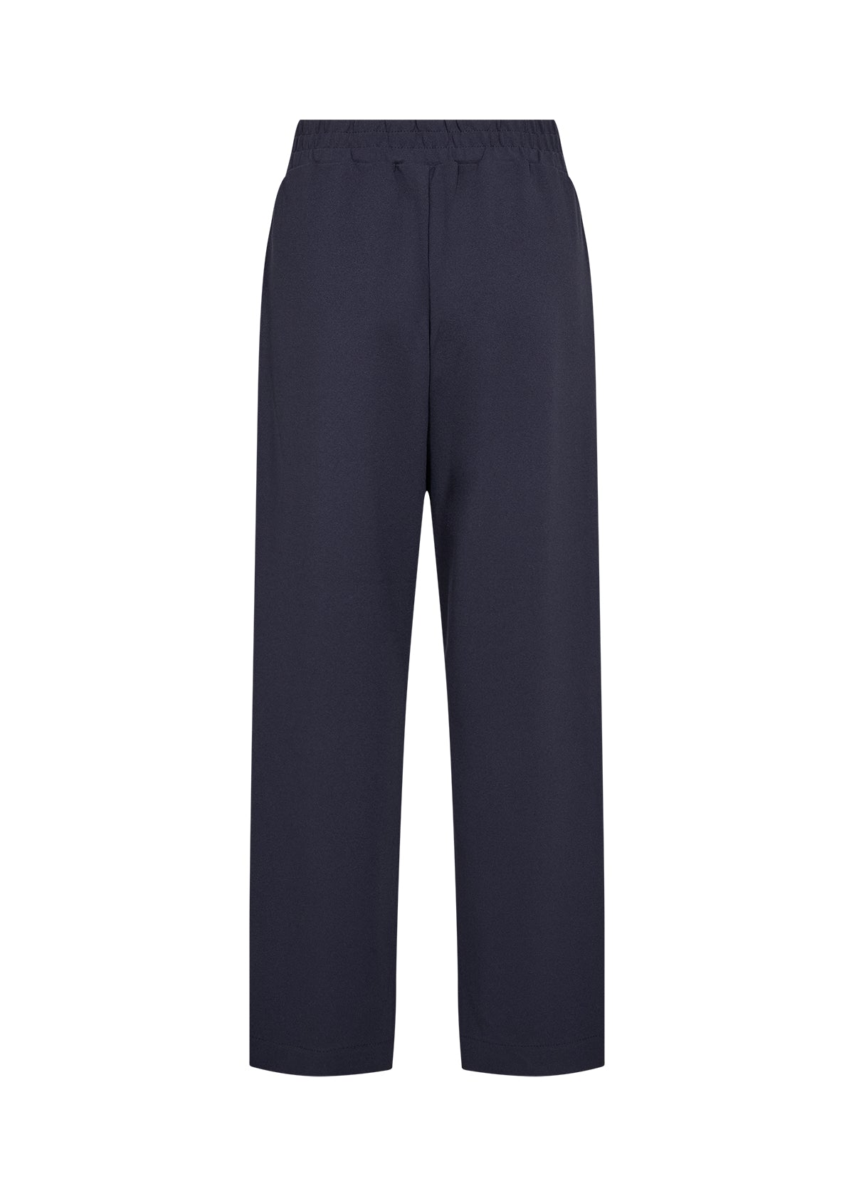 Person wearing the Wasabi Kufa Trousers in Navy, a navy wide-leg  trousers and a striped shirt on a white background 