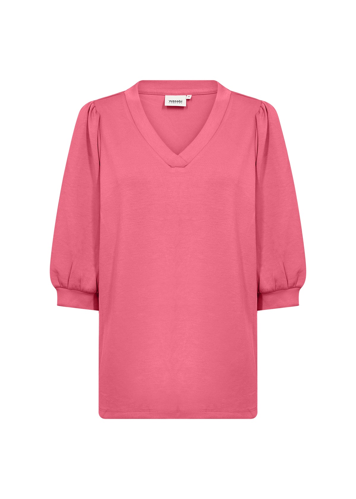 Wasabi Sabina Blouse in Pink, Front view, V neckline and 1/2 length puff sleeves 