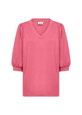 Wasabi Sabina Blouse in Pink, Front view, V neckline and 1/2 length puff sleeves 