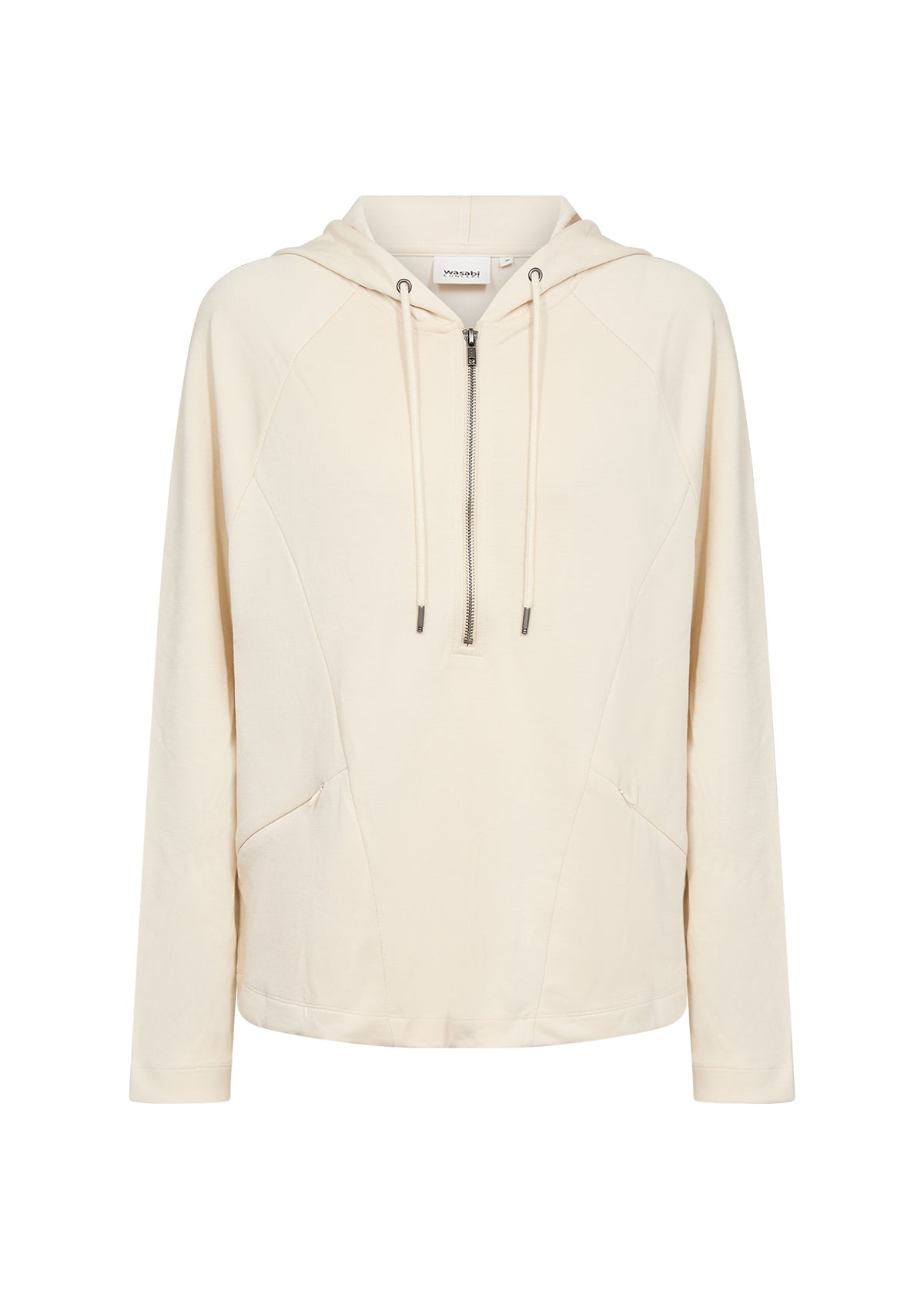 Wasabi Sabina Hoodie in Cream, front view,  hoodie with drawstrings, 1/2 zip, zipped pockets and long sleeves 